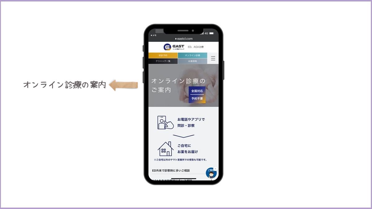 イースト駅前クリニック診察手続き(スマートフォン当日予約オンライン診療トップ)