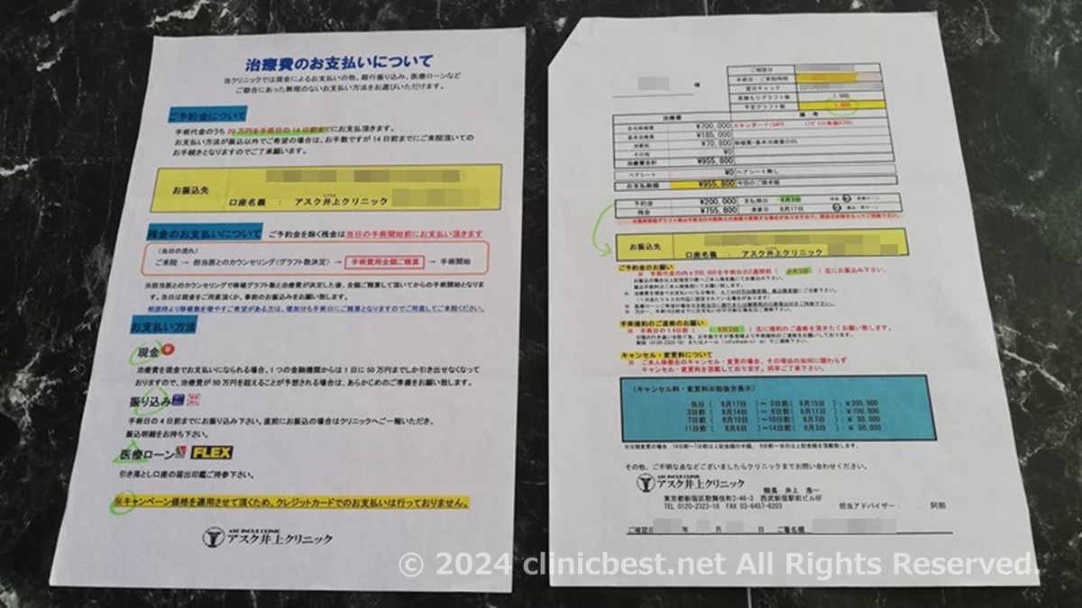 アスク井上クリニック自毛植毛体験談 治療費のお支払いについて